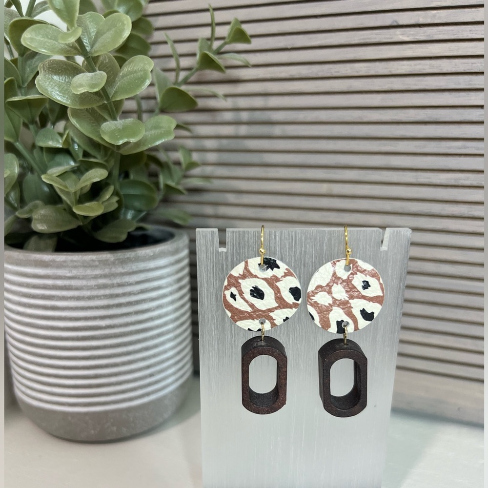 Handmade Leopard Print Leather Earrings with Wooden Accent Piece